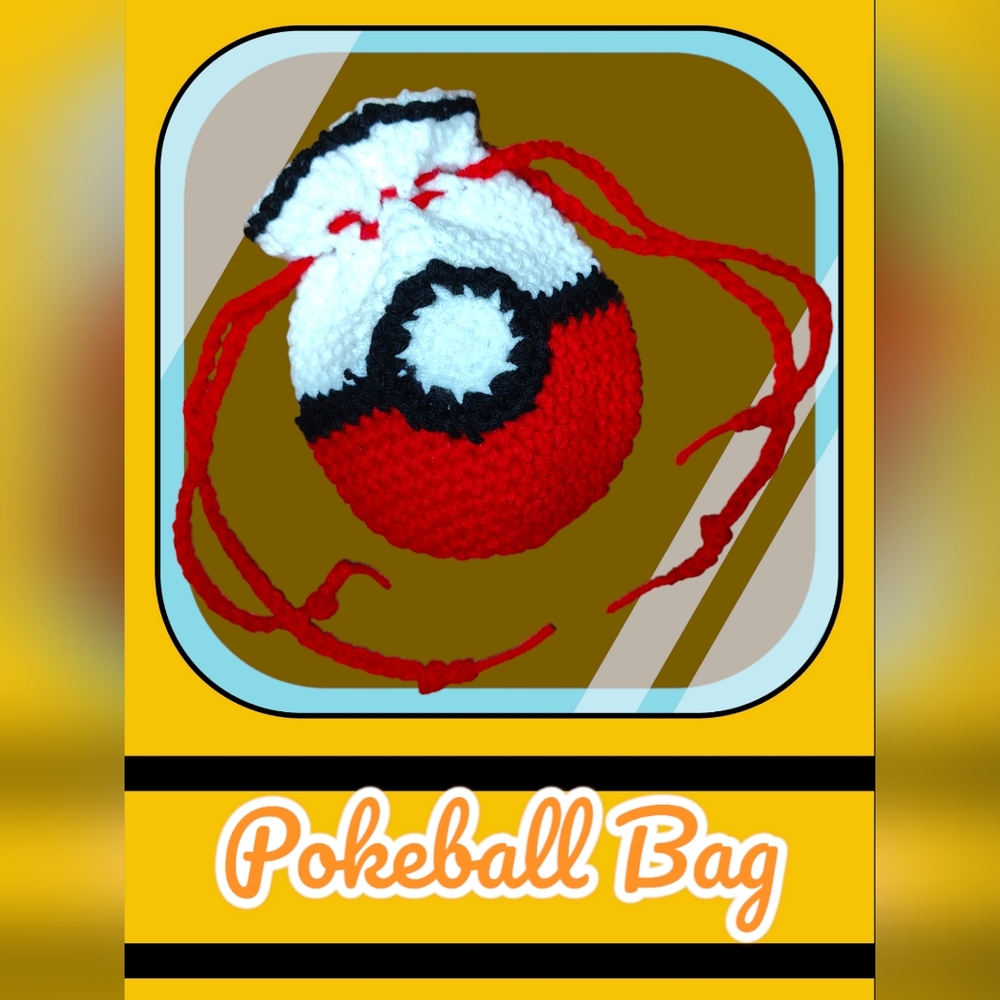 Handmade Crochet Pokeball Drawstring Bag
